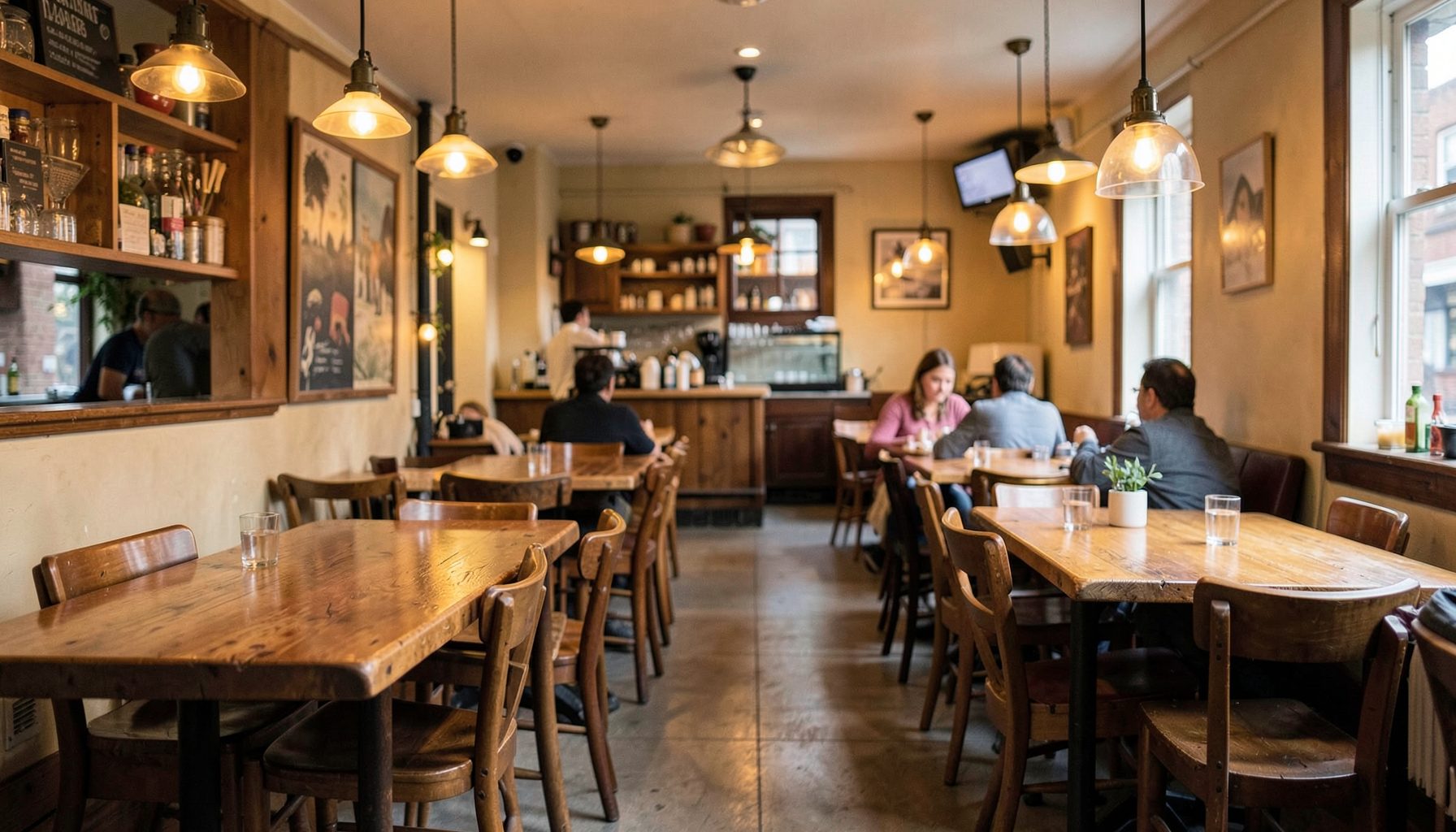 A warmly lit casual restaurant interior with wooden tables and pendant lights, suggesting a comfortable neighborhood dining spot.