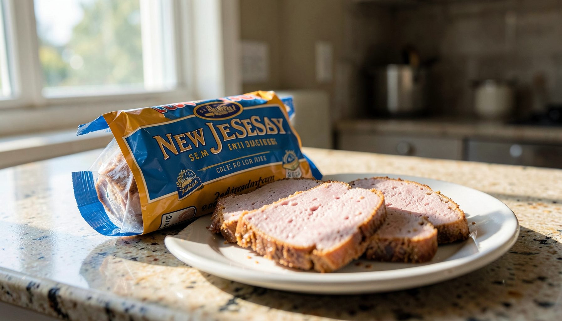 A classic New Jersey pork roll package on a kitchen counter with slices fanned out.