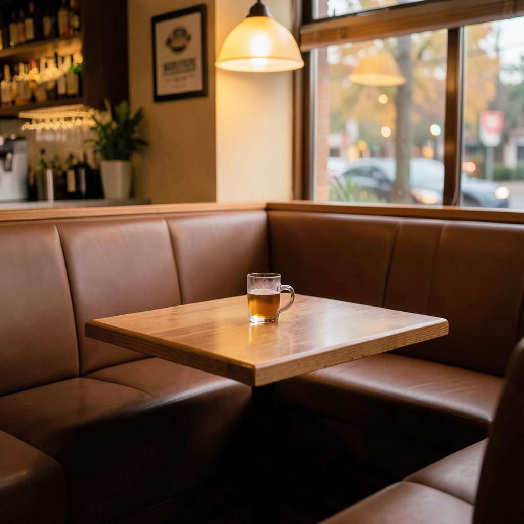 A cozy diner-style booth scene in warm amber and brown tones, with soft lighting suggesting a relaxed roadside restaurant.