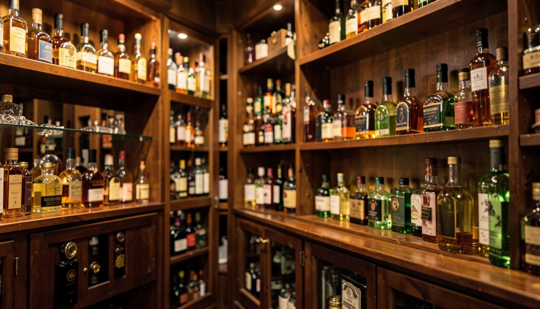 A cozy liquor store interior with wooden shelves and bottles in amber and green hues, softly lit.