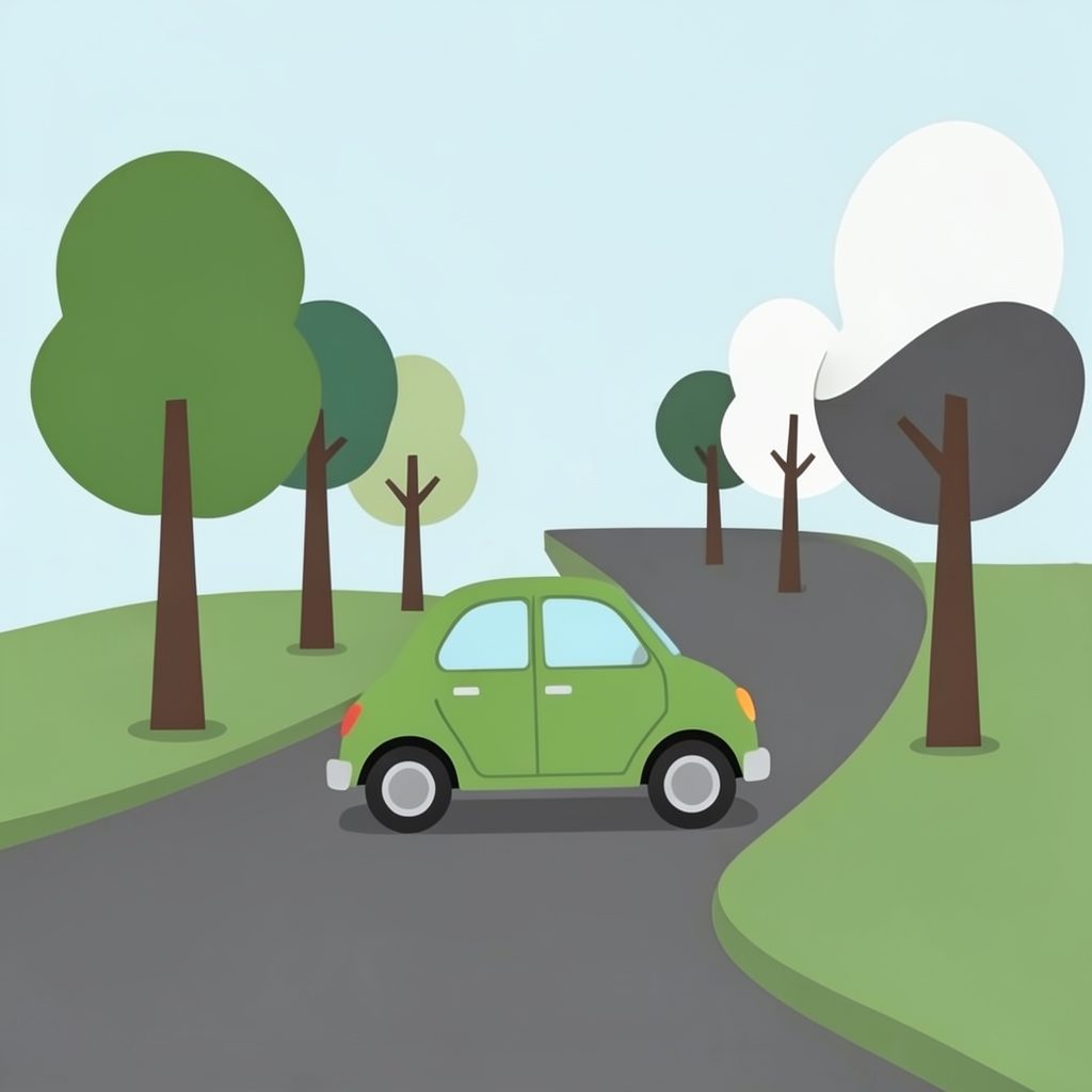 A friendly flat illustration of a small green car driving along a curving road lined with simple trees, in green and white