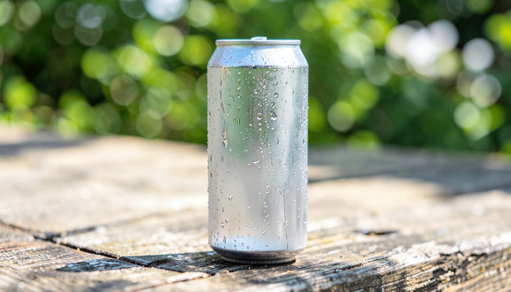 A frosty can of hard seltzer on a wooden picnic table, condensation beading on the metal, with soft green foliage blurred behind.