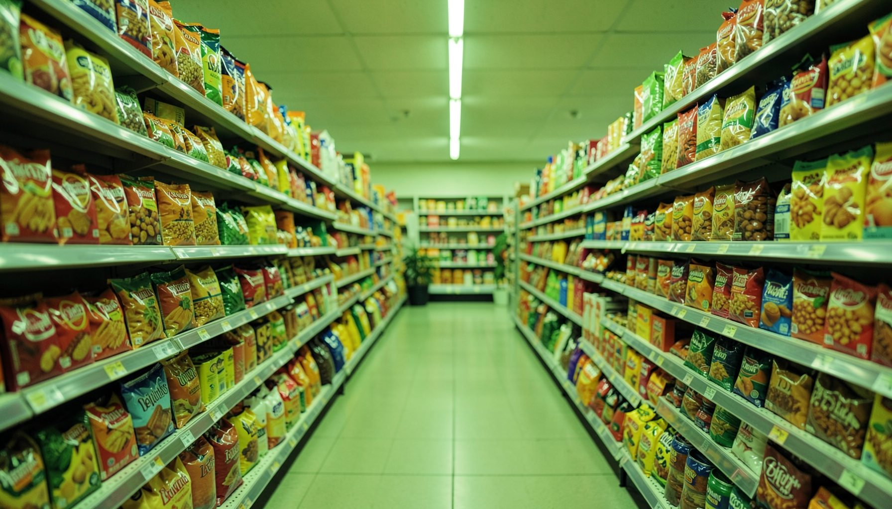 A grocery store aisle bathed in warm greenish light, shelves of packaged food stretching into the distance.