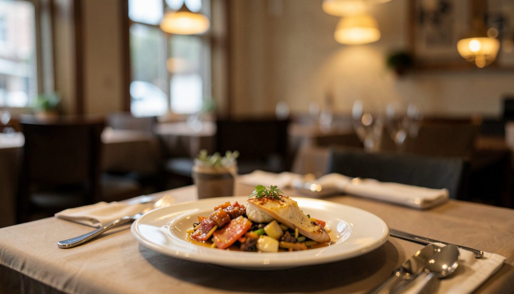 A restaurant table setting with a plate of food, warm lighting, and a casual dining atmosphere in neutral tones.