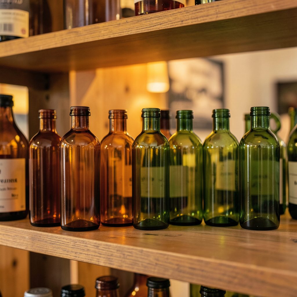 A row of amber and green glass bottles on a wooden shelf, warm low light, cozy shop atmosphere.