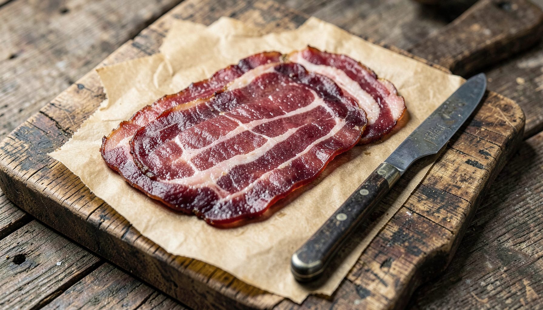 A rustic country bacon slab on butcher paper, deep red and marbled, with a vintage knife resting beside it