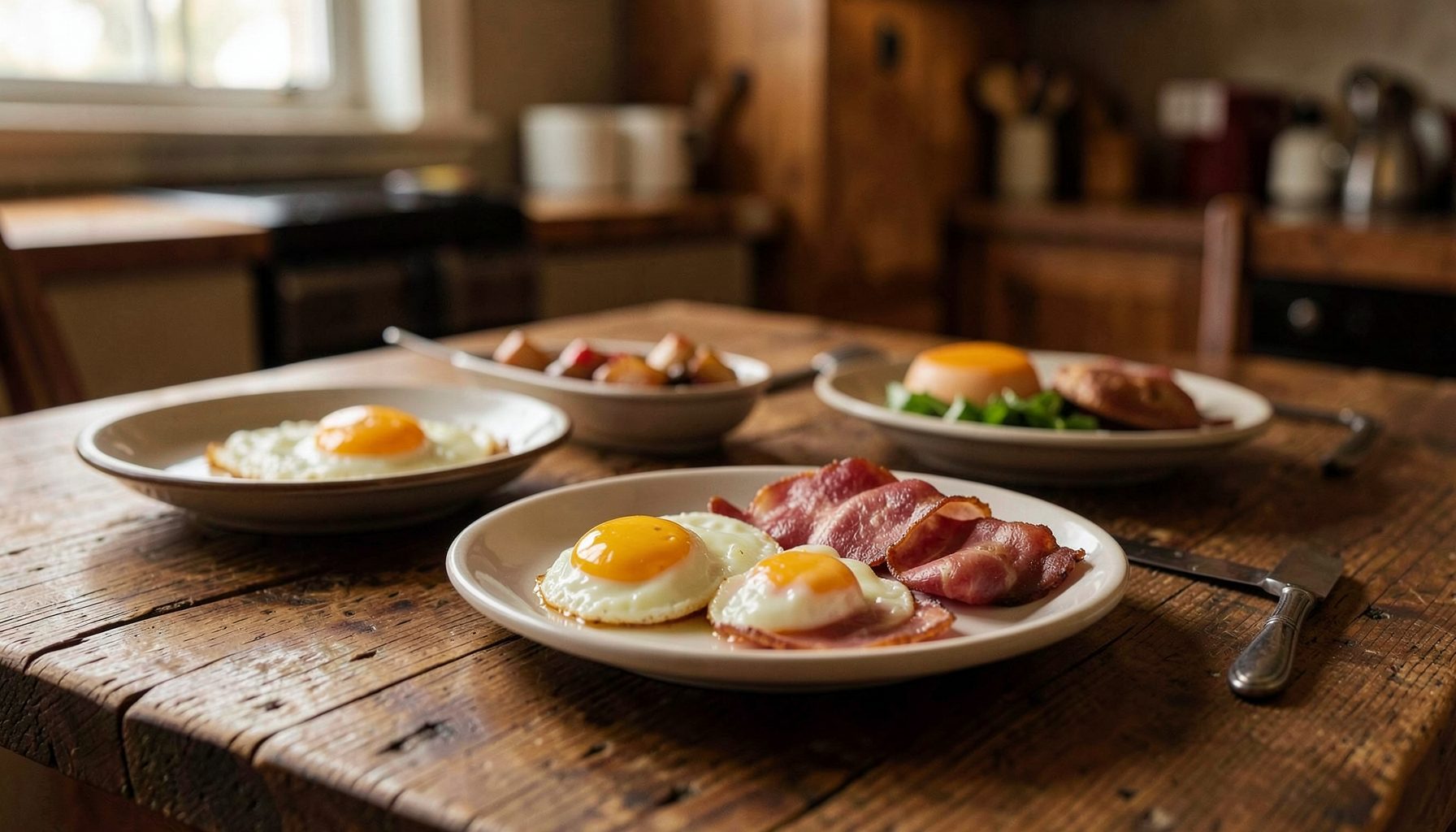 A rustic wooden table set with simple low-carb foods like eggs, bacon, and cured meat, warm brown and amber tones, cozy atmosphere.