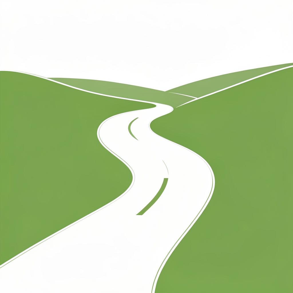A simple line-art illustration of a winding road stretching across a green landscape, rendered in white with soft curves