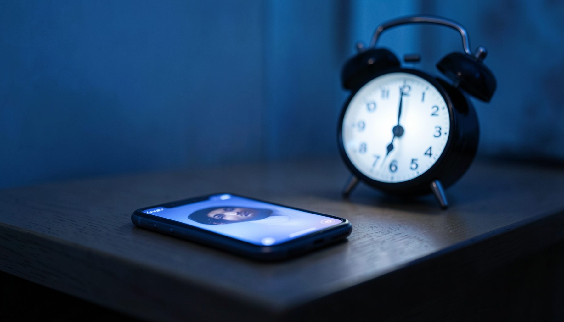 A smartphone face-down on a wooden nightstand beside a glowing alarm clock, dimly lit.