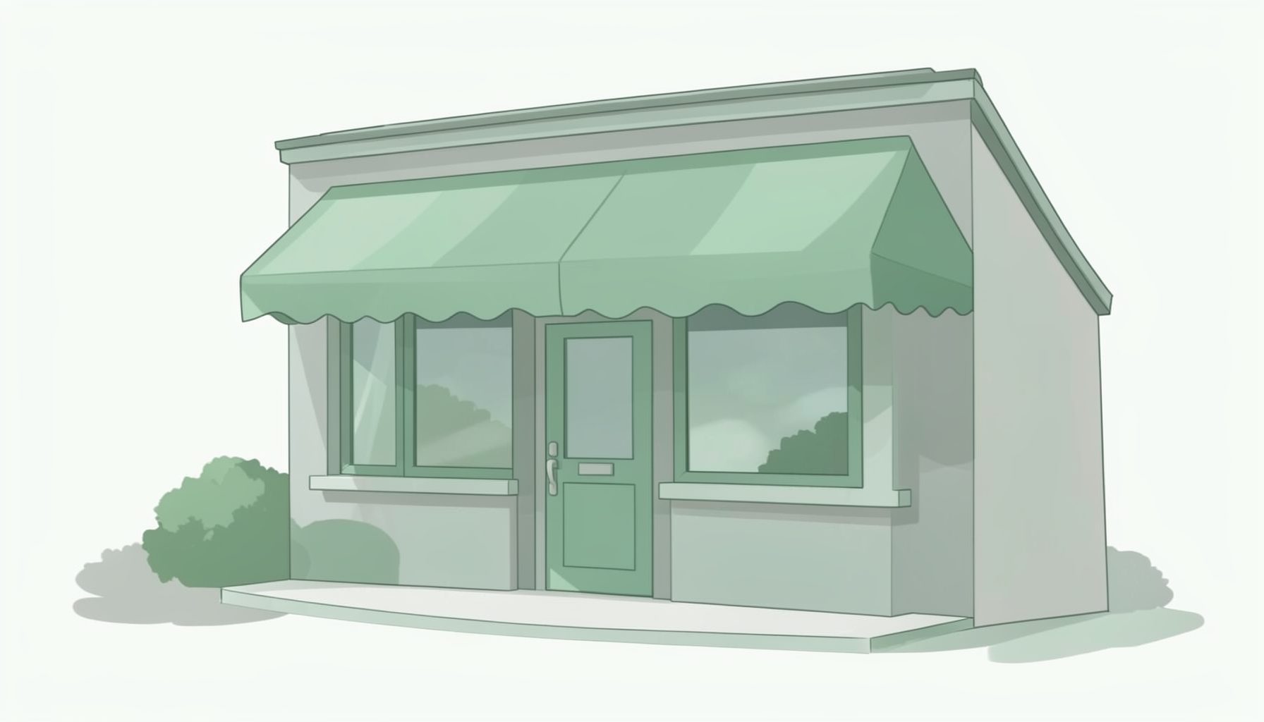 A soft green and gray toned illustration of a small storefront with a tidy awning.