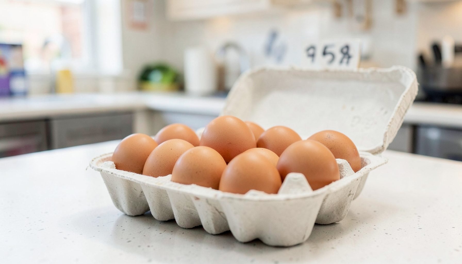 A supermarket egg carton open on a bright kitchen counter with a dozen brown eggs and a handwritten price sign