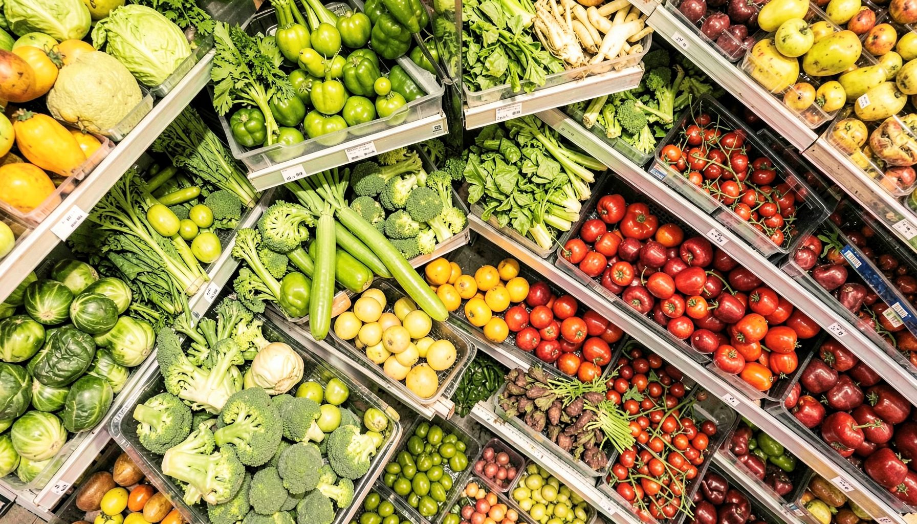 A warm overhead shot of a supermarket aisle with fresh produce in green and red tones, bright and inviting.