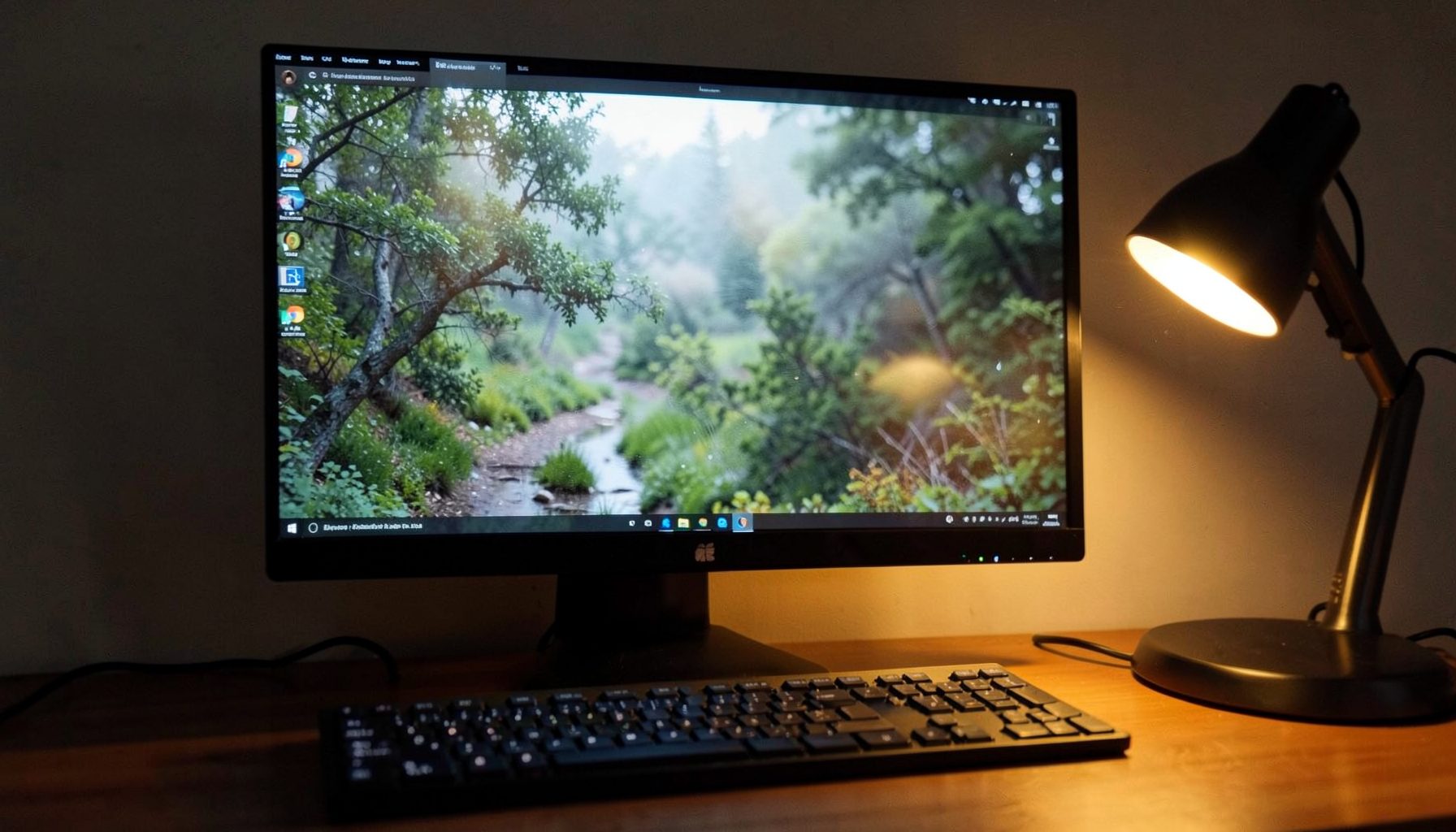 A Windows 10 lock screen with a nature photo, the screensaver frozen mid-transition, a desk lamp casting warm light across the desk.