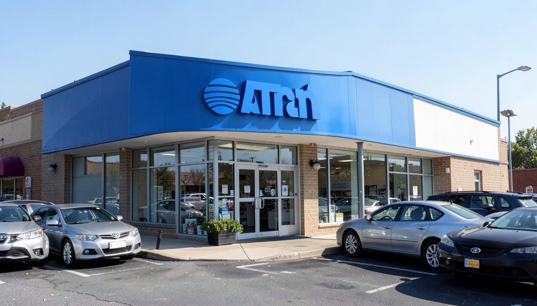 An AT&T retail storefront with blue signage, situated in a strip mall with a few parked cars out front on a clear day.