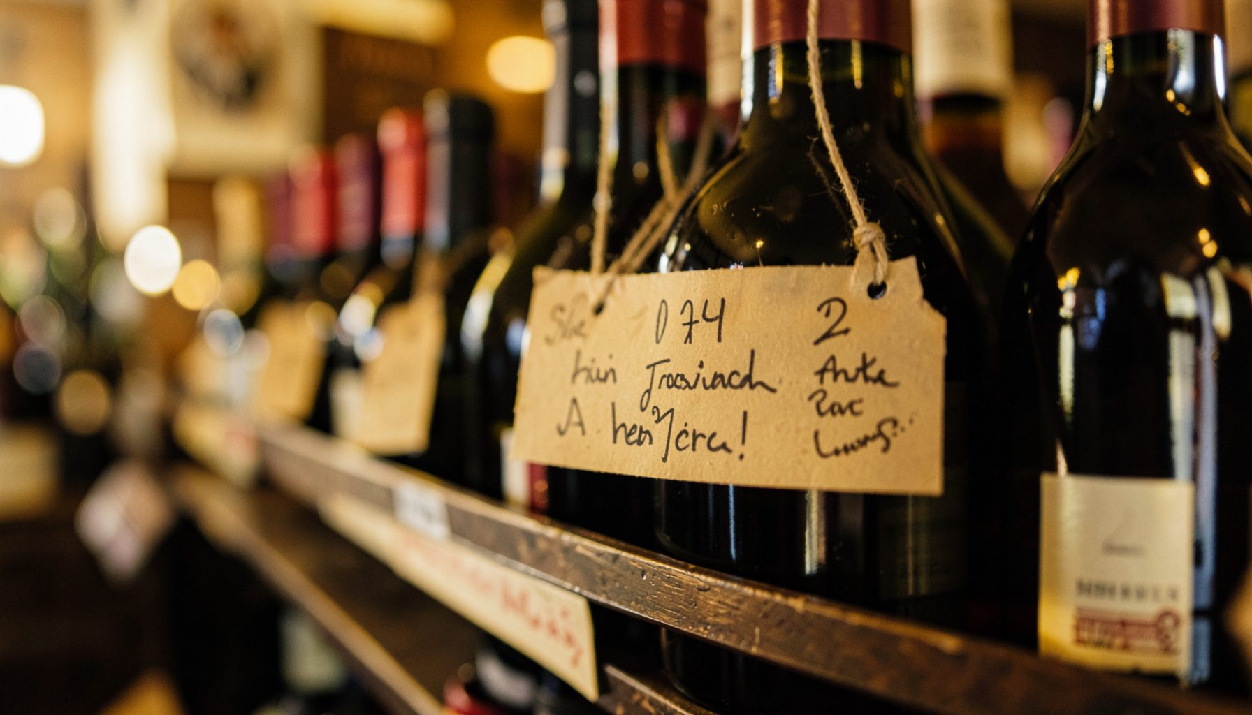 Close-up of wine bottles with handwritten shelf tags, soft golden light, rustic shop feel.